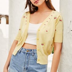 с вышивкой Со цветочками Повседневный Кардиганы Shein