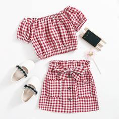 Блузка в клетку и юбка с узлом для девочек Shein