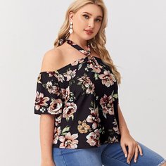 Блузка размера плюс с узлом сзади и цветочным принтом Shein