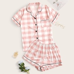 на пуговицах Клетка милый Пижама размер плюс Shein