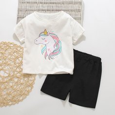 Шорты и футболка с принтом единорога для девочек Shein