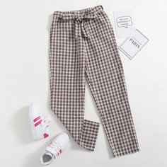 Брюки с поясом в клетку для девочек Shein