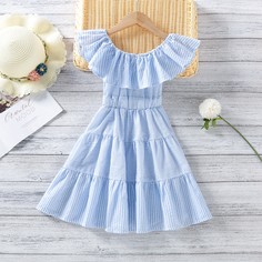 с оборками Полосатый Повседневный Платья для девочек Shein