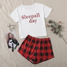 Пижама размера плюс в клетку с текстовым принтом Shein