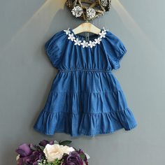 с аппликацией Цветочный принт милый Джинсовые платья для девочек Shein