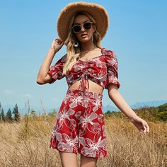 Топ на кулиске и шорты с цветочным рисунком Shein