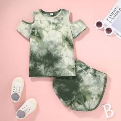 Футболка с разрезом и шорты с принтом тай дай для девочек Shein