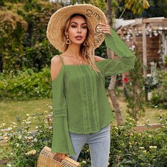 Контрастные кружева Одноцветный Бохо Блузы Shein