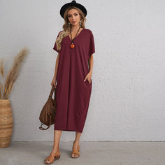 Однотонное платье с v-образным воротником Shein