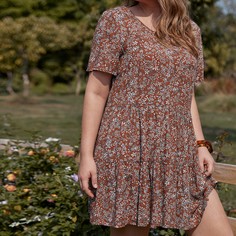 С оборками Цветочный Повседневный Платья размер плюс Shein