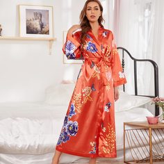 Атласный ночной халат с поясом и цветочным принтом Shein
