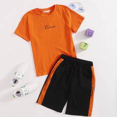 Шорты и футболка с текстовым принтом для мальчиков Shein