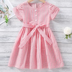 Платье в полоску с поясом и пышным рукавом Shein