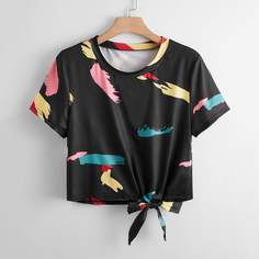 Короткий топ размера плюс с узлом и принтом Shein