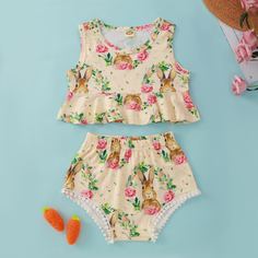 Шорты & майка с принтом цветка и кролика для девочек Shein