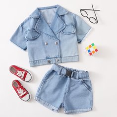 Пояс Ровный цвет Повседневный Джинсовые костюмы для девочек Shein