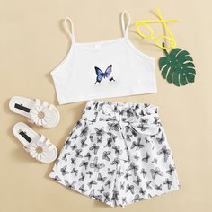 Майка и шорты с поясом, принтом бабочки для девочек Shein