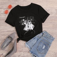 буква Повседневный Футболка размера плюс Shein
