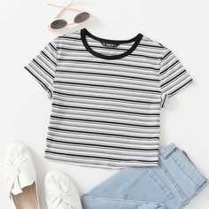 Трикотажная короткая футболка в полоску Shein