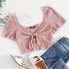 Вязаный короткий топ с воротником-бантом Shein