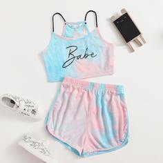 Разноцветные шорты и майка с текстовым принтом для девочек Shein