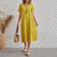 Однотонное платье с v-образным воротником Shein