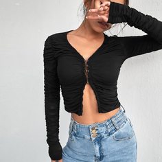 со сборками Одноцветный Повседневный Женские топы Shein