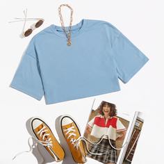 Одноцветный Повседневный Футболки Shein