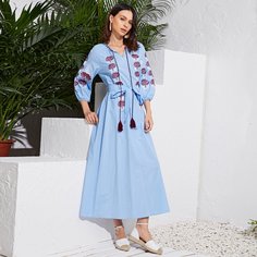 с вышивкой Со цветочками Бохо Арабские платья Shein