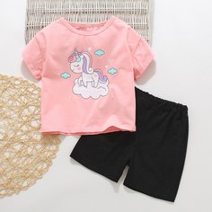 Шорты и футболка с принтом единорога для девочек Shein