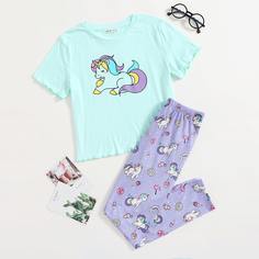 Волнистый край Мультяшный принт милый Домашняя одежда для девочек Shein