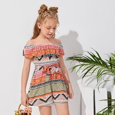 Комбинезон с открытыми плечами и поясом для девочек Shein