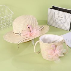 Соломенная сумка и шляпа с фламинго для девочек Shein
