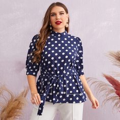 Топ в горошек с поясом размера плюс Shein