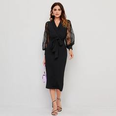 Платье с кружевным рукавом и поясом Shein