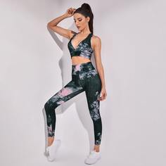 с разрезом тай дай Спортивный комплектный костюм Shein