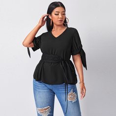 Однотонная блуза размера плюс с поясом Shein