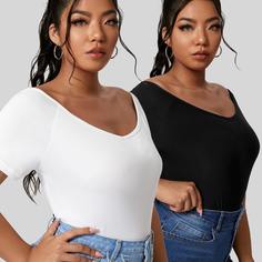 Одноцветный Основы Футболка размера плюс Shein