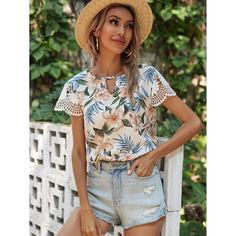 Контрастные кружева Цветочный Бохо Блузы Shein