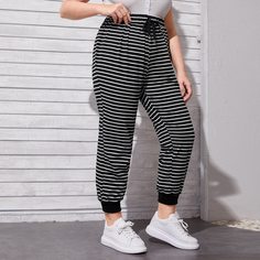 Спортивные брюки размера плюс в полоску с узлом Shein