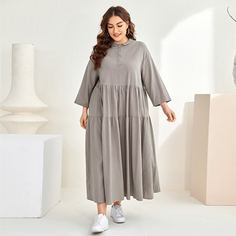 Пуговица Одноцветный Повседневный Платья размер плюс Shein