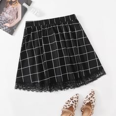 Контрастные кружева Клетка Институтский Юбки размер плюс Shein