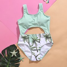 Слитный купальник с разрезом и принтом пальмы для девочек Shein