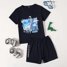 Шорты и футболка с принтом динозавра для мальчиков Shein