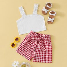 Короткая майка и шорты в клетку с поясом для девочек Shein