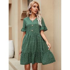 Платье со сборками в горошек и оборками на рукавах с оборками Shein