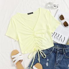 со сборками Одноцветный Повседневный Футболки Shein