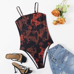 Боди на бретелях с китайским драконом Shein