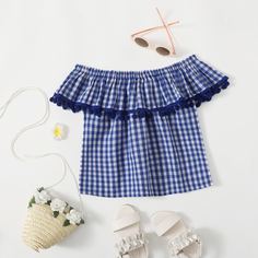 с оборками Клетка Бохо Блузки для девочек Shein