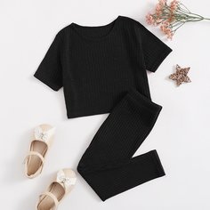 Вязаная футболка и леггинсы в рубчик для девочек Shein